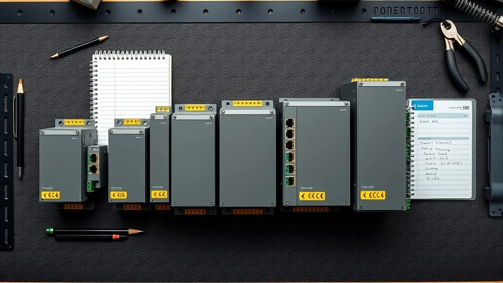 Six industrial safety controllers of different sizes arranged in a row on a workbench mat beside a notebook and crimping tool Six industrial safety controllers of different sizes arranged in a row on a workbench mat beside a notebook and crimping tool