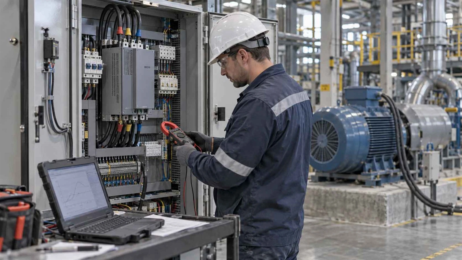 Electrical engineer commissioning a soft starter and three-phase motor in an industrial control cabinet Electrical engineer commissioning a soft starter and three-phase motor in an industrial control cabinet