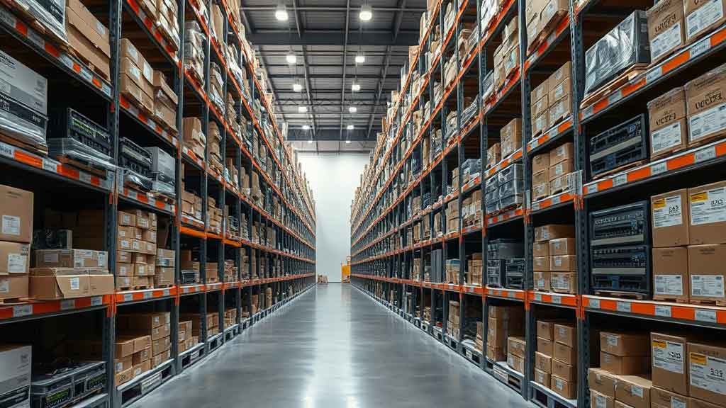 A well-stocked warehouse aisle with shelves of boxed automation controllers and modules ready for shipment..jpg A well-stocked warehouse aisle with shelves of boxed automation controllers and modules ready for shipment..jpg